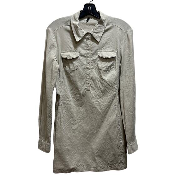 Tahari Linen Rayon Safari Work Dress S Cream Long Sleeve Button Top Minimalist - Picture 1 of 6